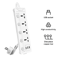 Deli ET411 2 Pin 4 Port White 2Meter With 3 USB Port Power Strip